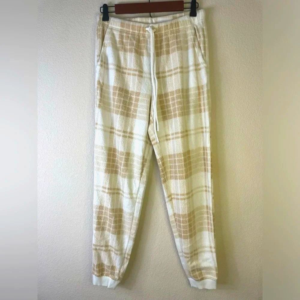 Aerie NWT Plaid Fleece Lounge Pajama Pants in Cream and Tan Size Small